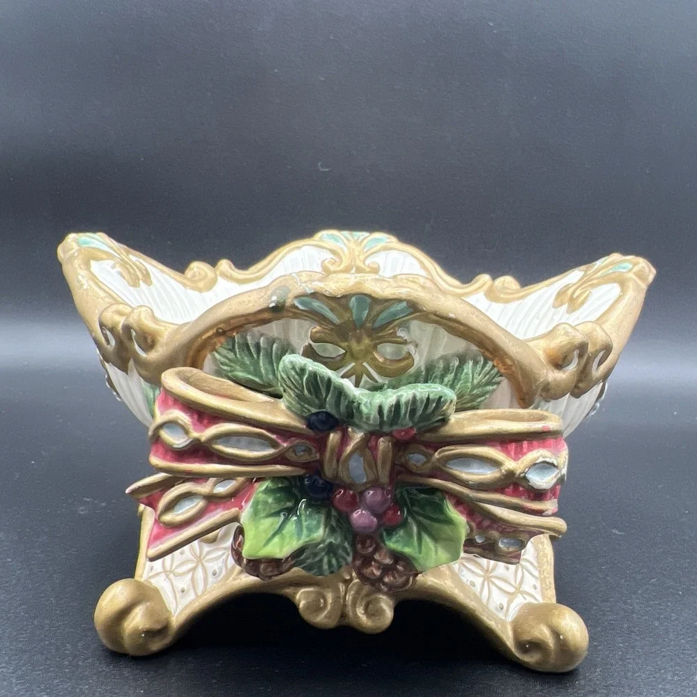 Fitz and Floyd Florentine Christmas Pilar Candleholder Dish Ceramic‎ Bow